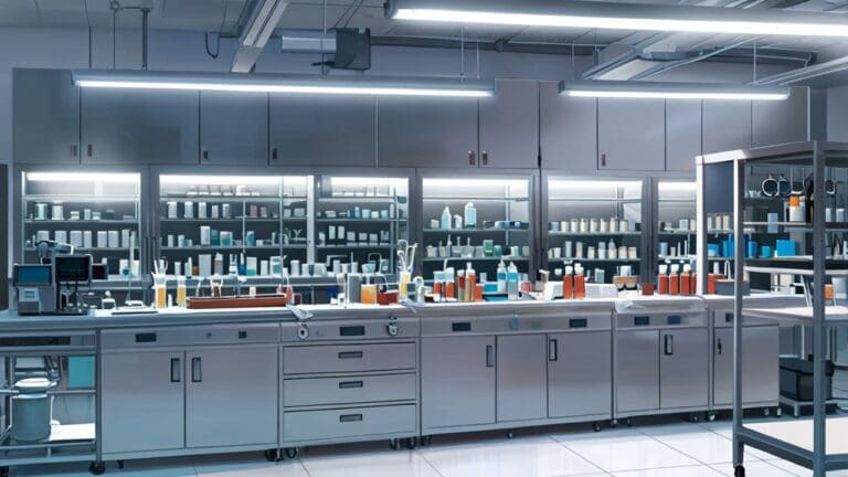 Laboratorio moderno con equipos biotecnológicos avanzados en un entorno limpio y corporativo, iluminado profesionalmente