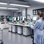 Sala de laboratorio moderno con dispositivos médicos conectados a software de monitoreo digital