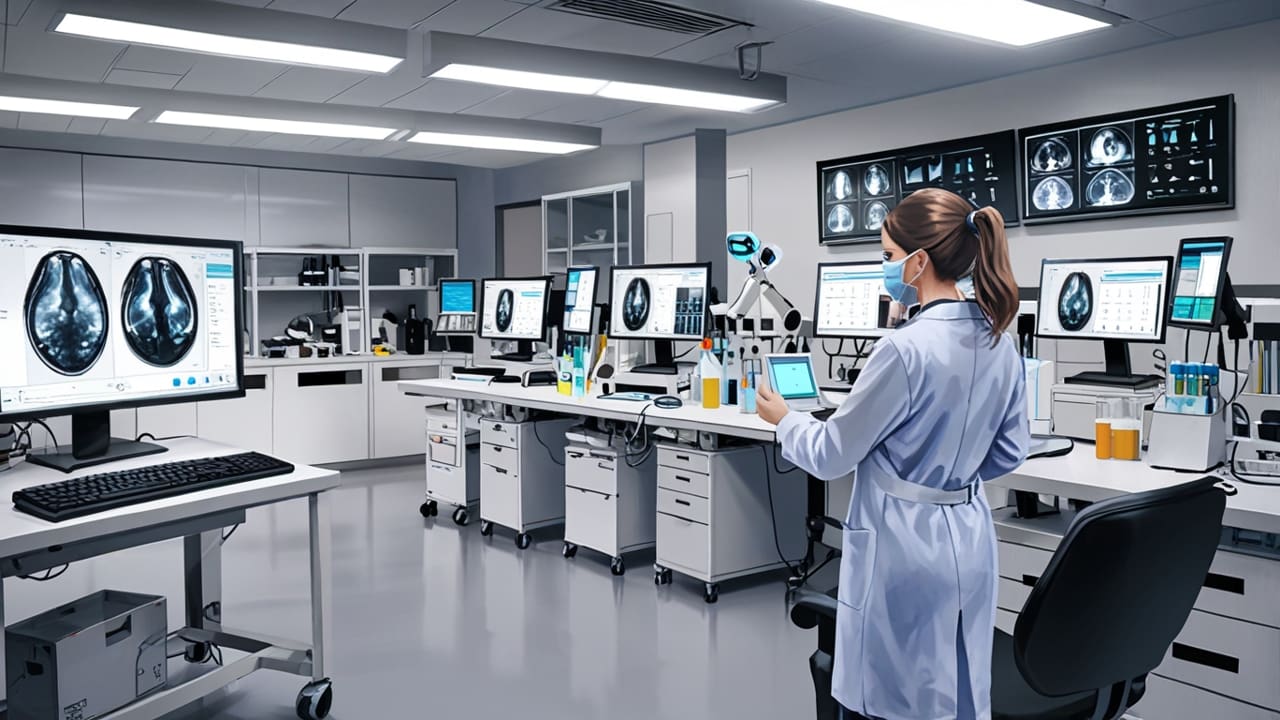 Sala de laboratorio moderno con dispositivos médicos conectados a software de monitoreo digital