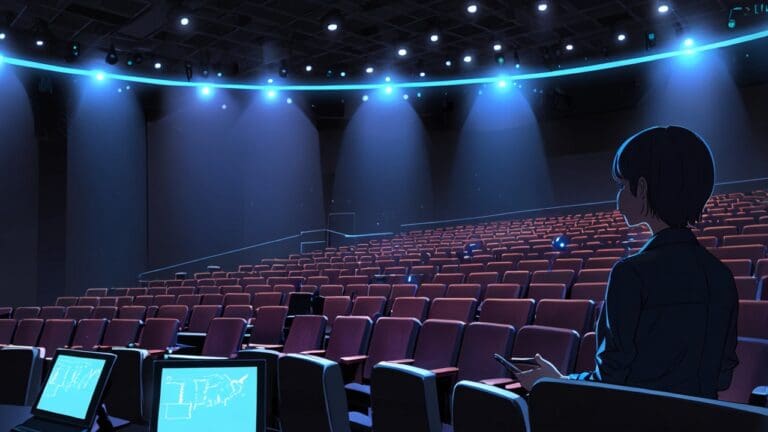Auditorio moderno con escenografía tecnológica y asistentes observando una presentación con pantallas digitales al fondo