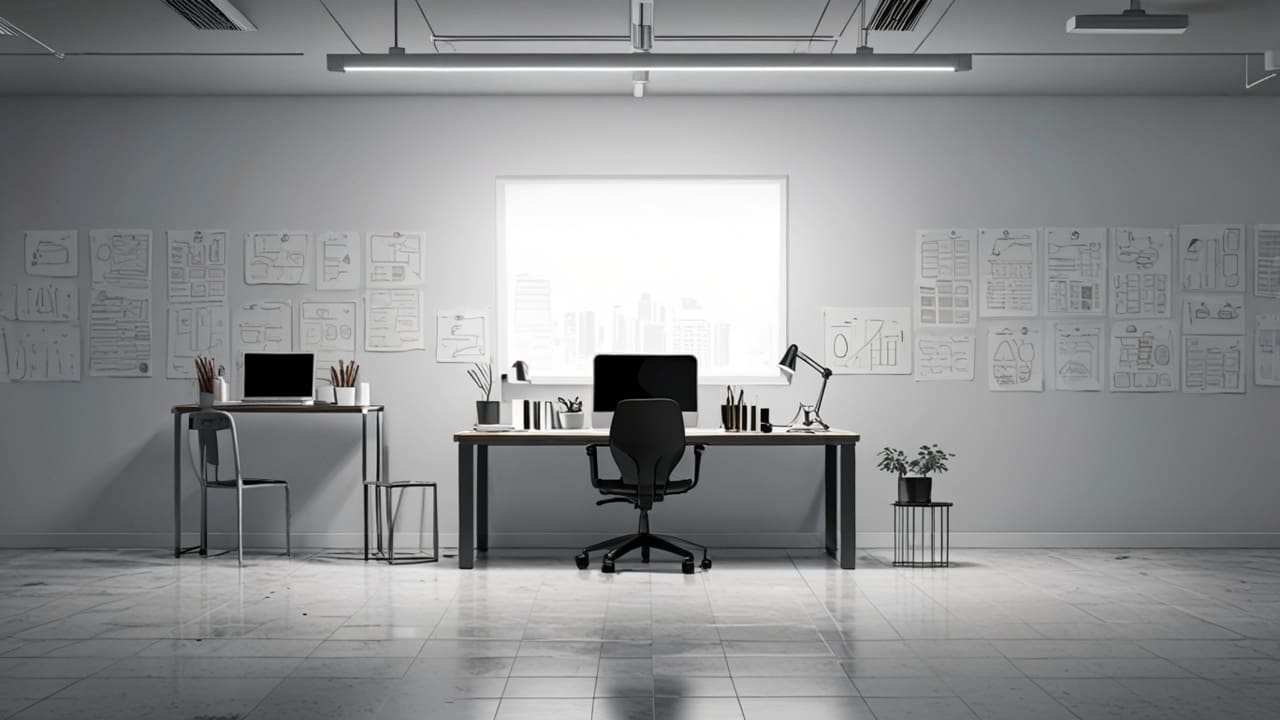 Oficina moderna con escritorios minimalistas y una laptop abierta mostrando gráficos financieros en pantalla