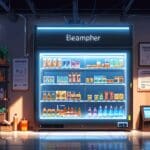 Ilustración de un micromarket moderno con tecnología avanzada en su interior, rodeado de productos innovadores