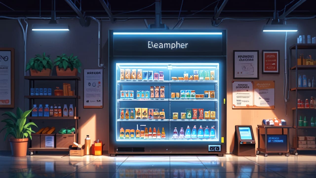 Ilustración de un micromarket moderno con tecnología avanzada en su interior, rodeado de productos innovadores