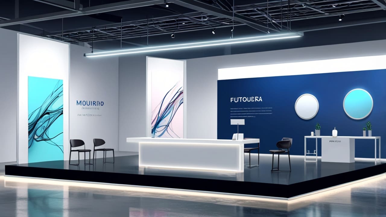 Primer plano de un proyectil de artillería futurista sobre una mesa de exposición en una feria tecnológica, con fondo desenfocado y luz neutra