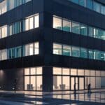 Edificios modernos con luz suave, representando innovación tecnológica.