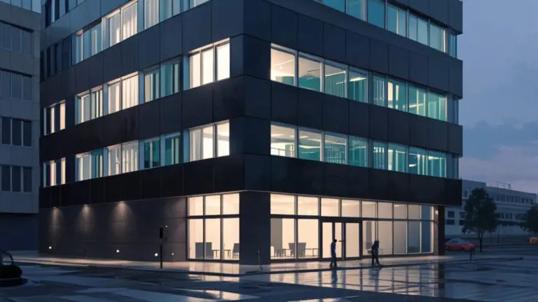 Edificios modernos con luz suave, representando innovación tecnológica.