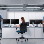 Oficina moderna con gadgets tecnológicos en un entorno urbano latinoamericano