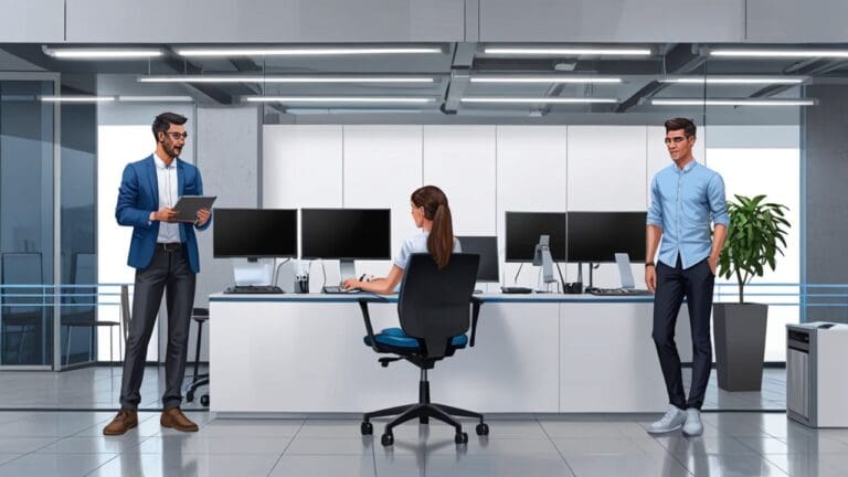 Oficina moderna con gadgets tecnológicos en un entorno urbano latinoamericano