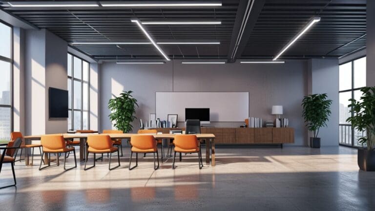 Interior de una moderna oficina con ambiente colaborativo y tecnológico