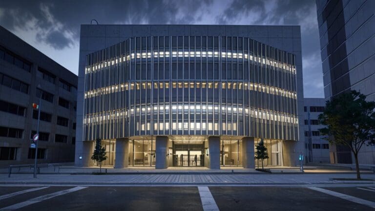 Exterior moderno de un edificio de oficinas tecnológicas en España, iluminación cálida y ambiente digital