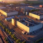 Vista aérea de un parque industrial con edificios tecnológicos al atardecer