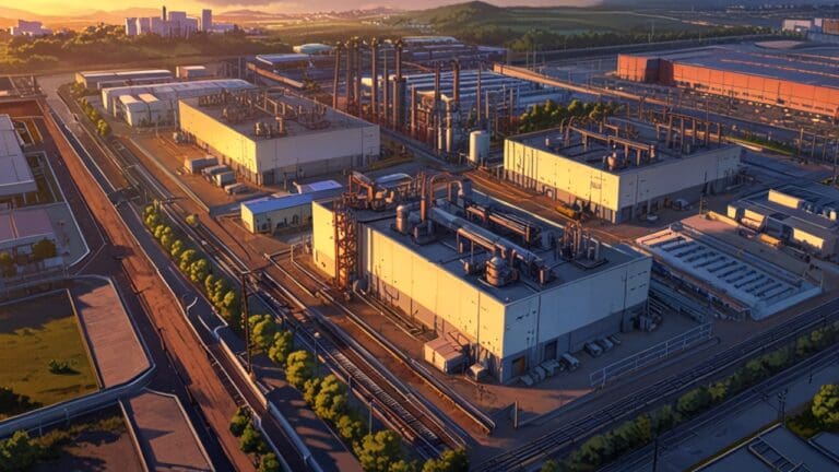 Vista aérea de un parque industrial con edificios tecnológicos al atardecer