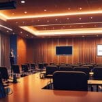 Reunión empresarial en una sala de conferencias moderna con tecnología avanzada, vista desde un ángulo lateral.