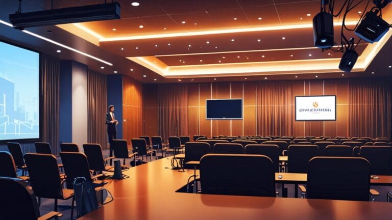 Reunión empresarial en una sala de conferencias moderna con tecnología avanzada, vista desde un ángulo lateral.