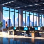 Oficinas modernas de startups en un centro tecnológico en expansión, vista interior