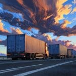 Camión autónomo transportando contenedores en una carretera moderna con un cielo claro.