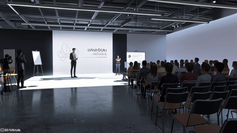 Concurso de moda tecnológica con jurado evaluando proyectos innovadores en una sala moderna.