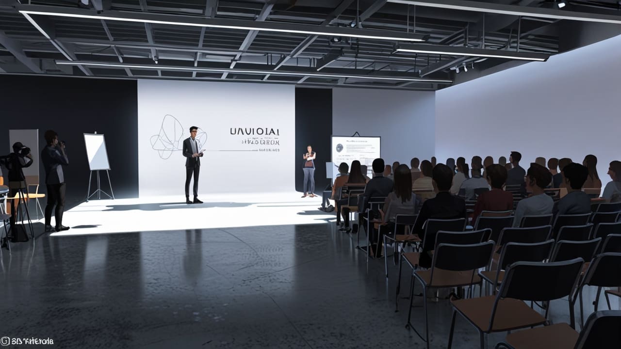 Concurso de moda tecnológica con jurado evaluando proyectos innovadores en una sala moderna.