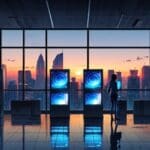 Oficinas modernas de tecnologías avanzadas con pantallas digitales brillantes