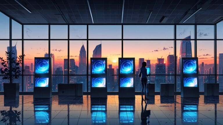 Oficinas modernas de tecnologías avanzadas con pantallas digitales brillantes