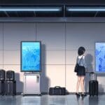 Oficina moderna con computadoras y pantallas mostrando diseños de viajes personalizados