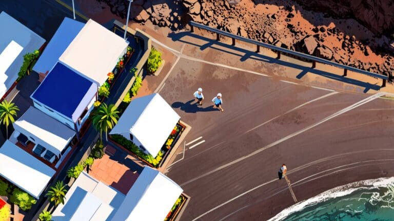 Vista aérea del recinto ferial de Tenerife con stands y personas caminando, cielo despejado