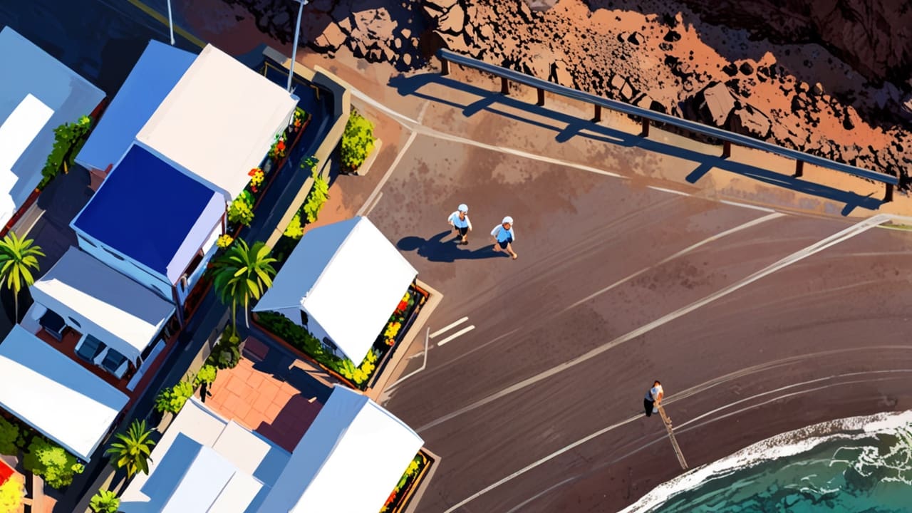 Vista aérea del recinto ferial de Tenerife con stands y personas caminando, cielo despejado