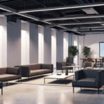 Interior moderno de un espacio de coworking con pantallas digitales y mobiliario futurista