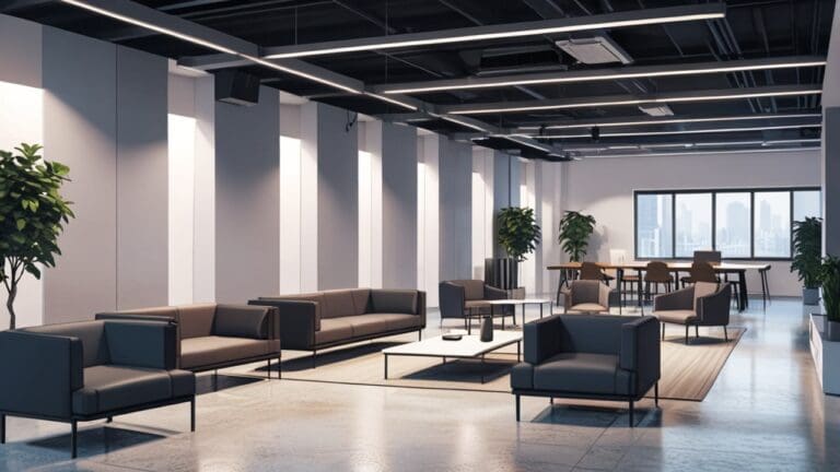 Interior moderno de un espacio de coworking con pantallas digitales y mobiliario futurista