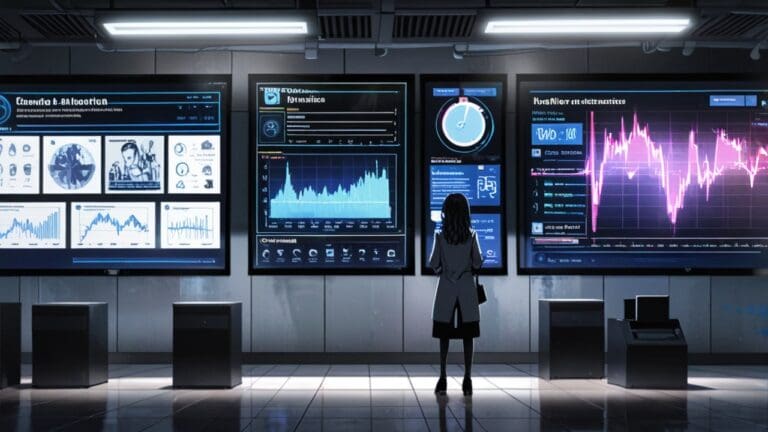 Oficina moderna con pantallas mostrando gráficos de inteligencia artificial en acción