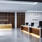 Oficina moderna con ordenadores y dispositivos tecnológicos en un entorno corporativo