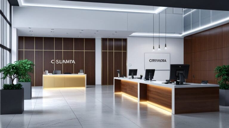 Oficina moderna con ordenadores y dispositivos tecnológicos en un entorno corporativo