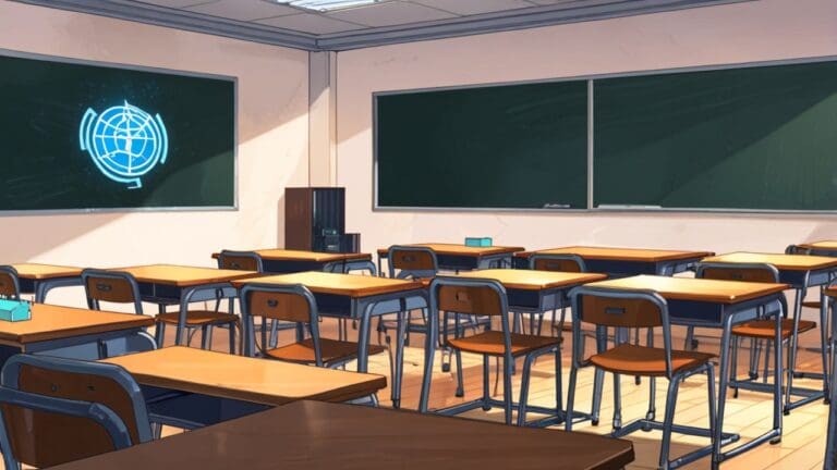 Un moderno salón de clases con computadoras y una pizarra digital.