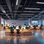 Oficinas modernas de una startup tecnológica con equipos de trabajo colaborando