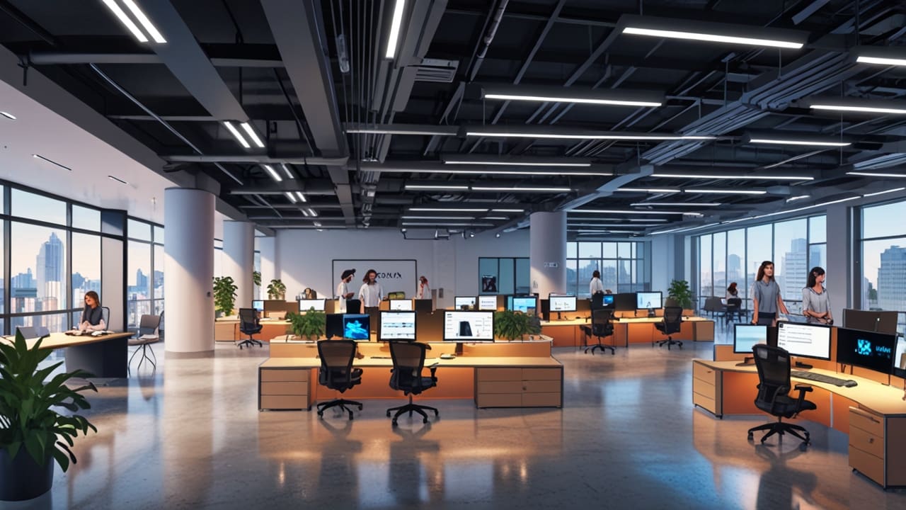 Oficinas modernas de una startup tecnológica con equipos de trabajo colaborando