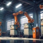 Robots en un entorno de almacén industrial tecnológico con luz natural