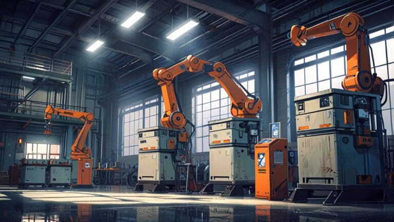 Robots en un entorno de almacén industrial tecnológico con luz natural