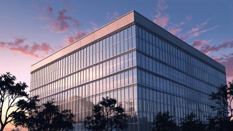 Edificio corporativo moderno rodeado de naturaleza al amanecer