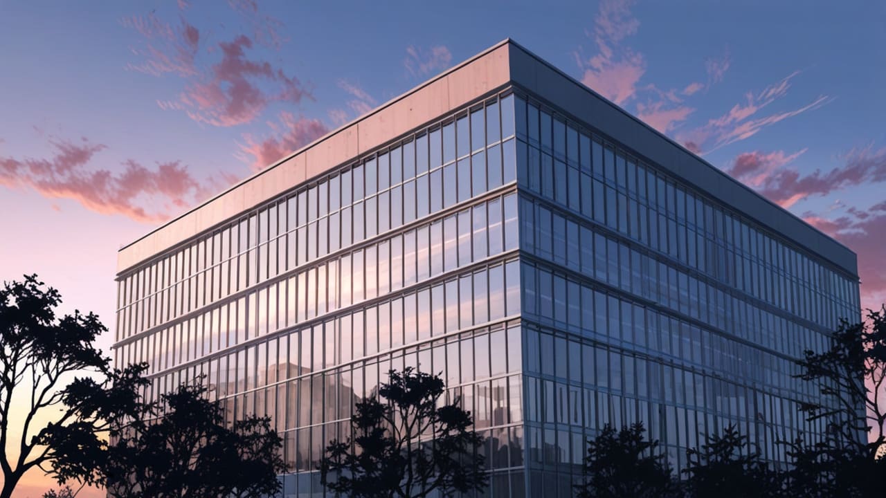 Edificio corporativo moderno rodeado de naturaleza al amanecer