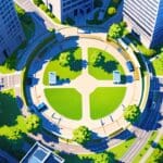 Vista aérea de parques empresariales con edificios modernos de tecnología