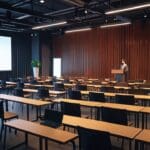 Sala de conferencias moderna con emprendedores y laptops en mesas, ambiente tecnológico y corporativo
