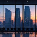 Ciudad moderna con edificios tecnológicos y oficinas corporativas al amanecer