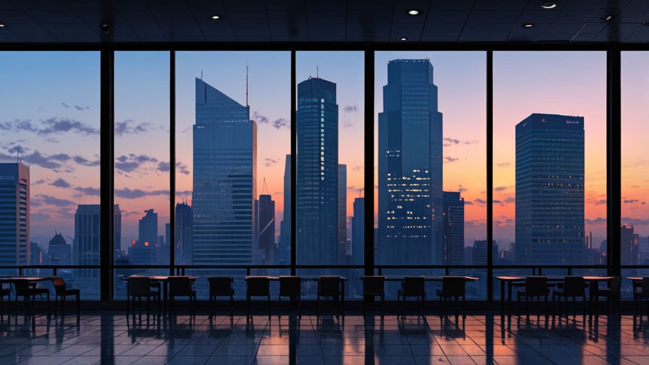 Ciudad moderna con edificios tecnológicos y oficinas corporativas al amanecer