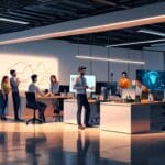 Oficina de startup tecnológica con dispositivos innovadores en un entorno moderno