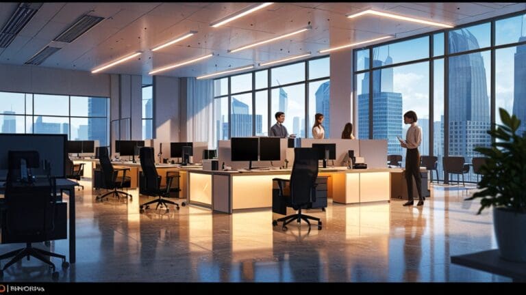 Oficinas modernas con equipos de negocios colaborando bajo una luz cálida