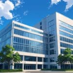 Edificio moderno de oficinas en un parque empresarial con cielo despejado
