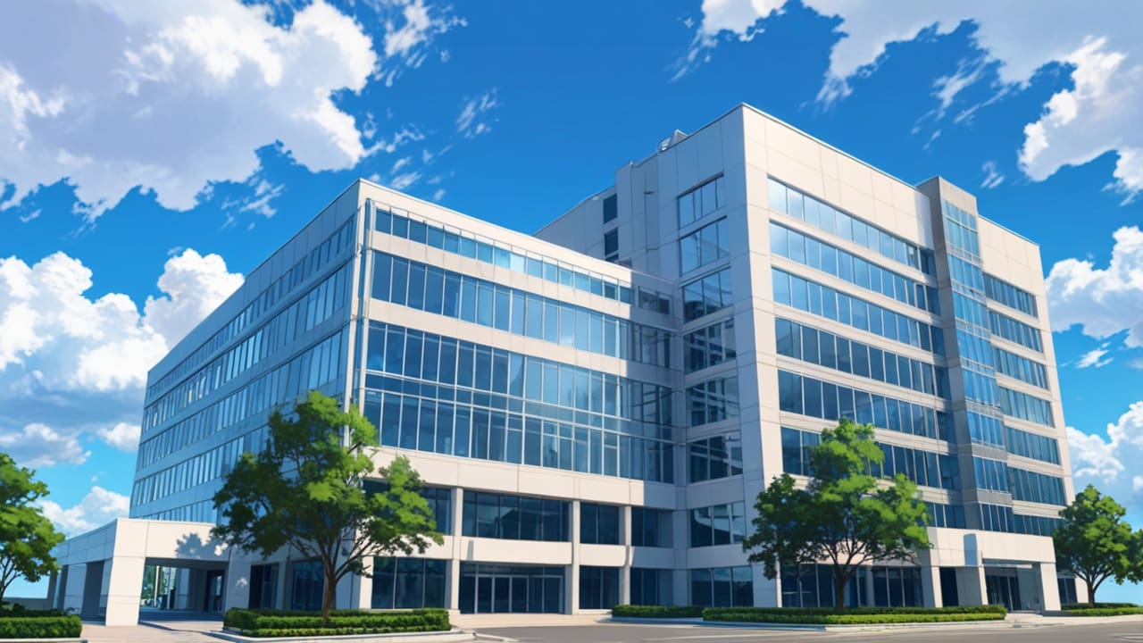 Edificio moderno de oficinas en un parque empresarial con cielo despejado