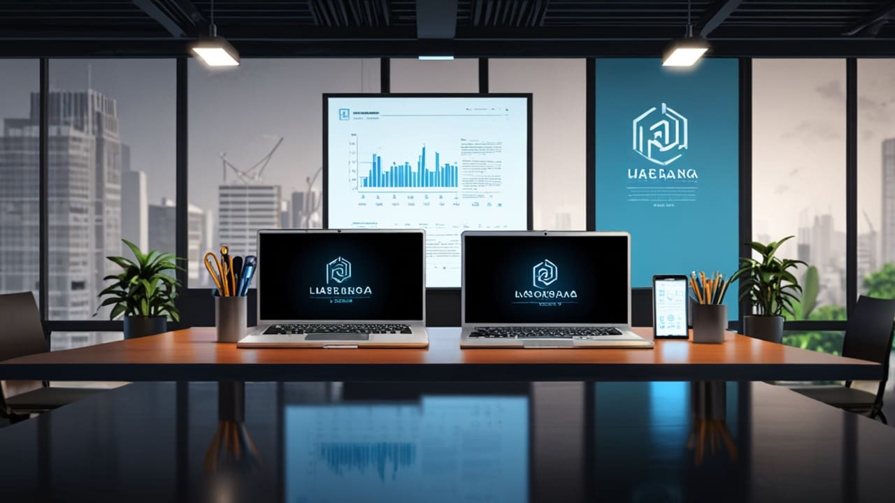 Una mesa de trabajo moderna con laptops y gráficos de crecimiento en un ambiente de oficina corporativa tecnológica