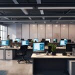 Oficinas modernas y tecnológicas con ordenadores y mesas de trabajo al fondo