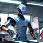 Robots avanzados de IA en un entorno de laboratorio tecnológico futurista.
